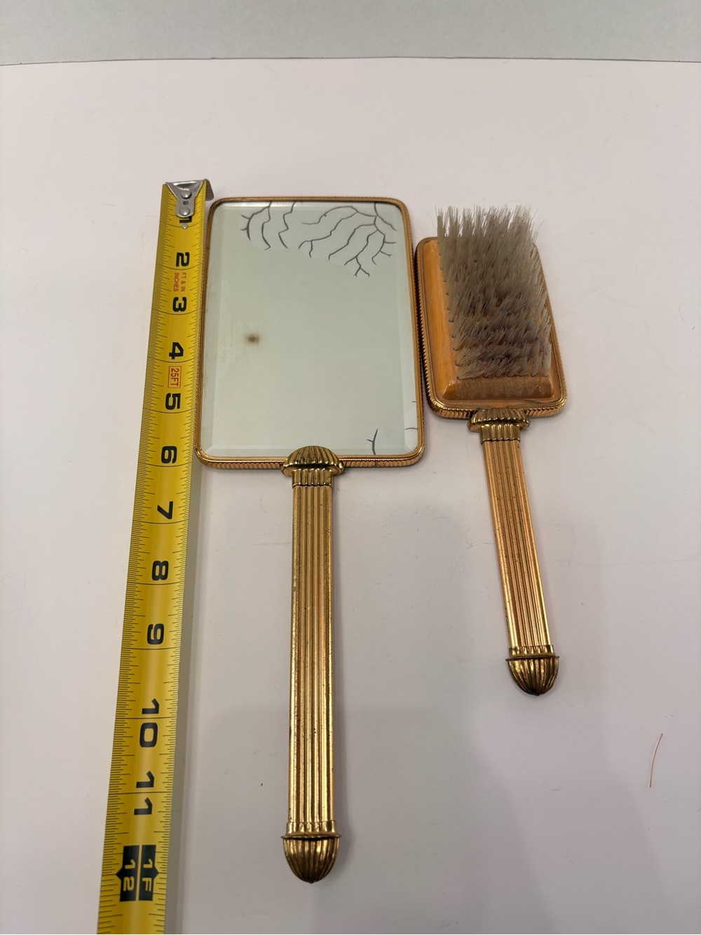 ✨ Vintage Gold Tone Vanity Set Hand Mirror & Hair Brush – Hollywood Regency